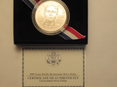 2009 US Mint UNC Silver Dollar Louis Braille- US Mint Pkg w COA Cover