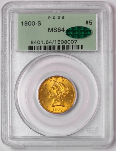 1900-S $5 Five Dollar Gold Liberty Head Liberty Half Eagle Coin PCGS MS-64 CAC Cover