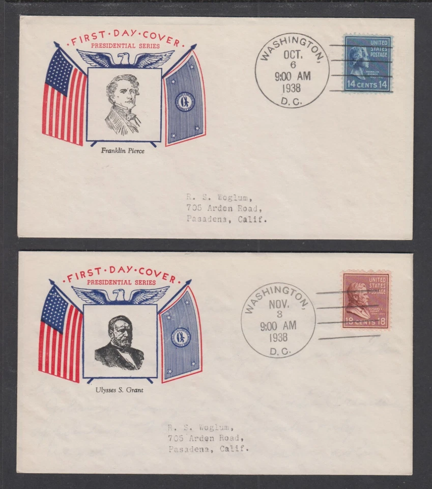 US Planty 819-5, 823-5 FDCs. 1938 14c & 18c Presidentials, Fidelity cachets, VF - Image 1 of 1