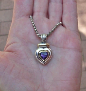 Retired David Yurman Albion Amethyst Heart Enhancer Pendant w/Chain - 14K/925 - Picture 1 of 12
