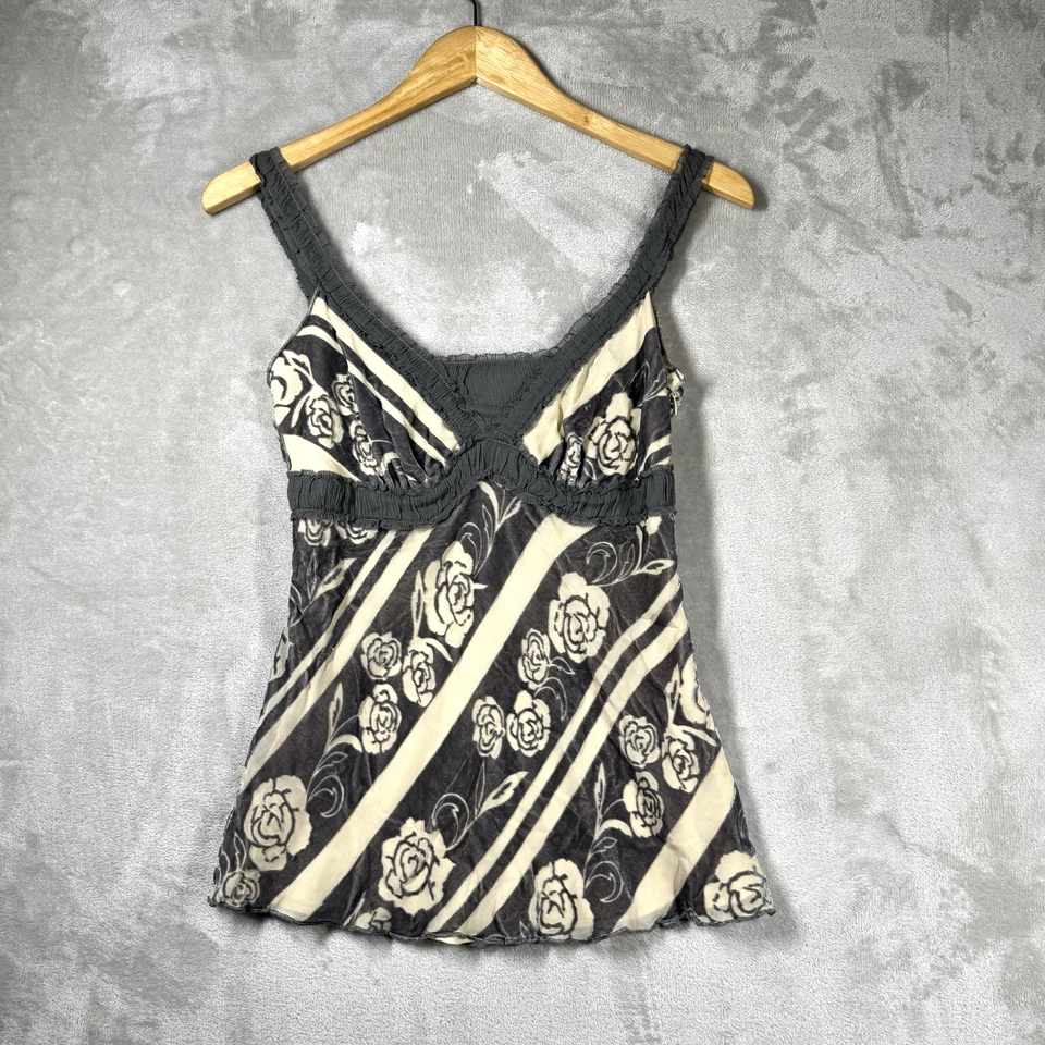 White House Black Market Top WHBM Velvet Silk Floral Babydol Y2K XS Gray Ivory - Image 1 of 4