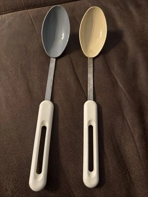 Set of 2 Bonny USA Nylon Serving Spoons Blue & Beige w/ White Plastic Handle 12" - Image 1 of 4
