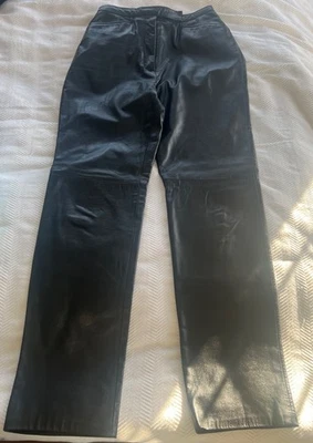 Kenneth Cole black leather women pants size 8 high rise loose fit straight leg  - Image 1 of 4