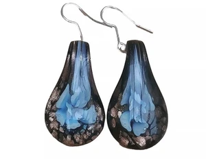 Black Gold Blue Teadrop Shaped Glass Earrings. Pierced Ears. Preloved - Picture 1 of 17