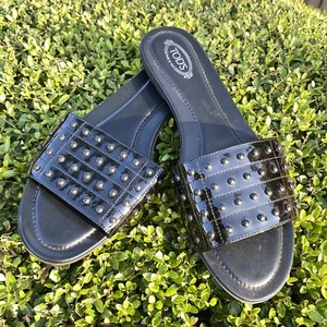 Tods Black Patent Leather Flat Slide Sandals with Studs 40/41 - Picture 1 of 7