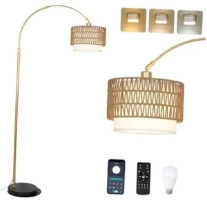 Arc Floor Lamp for bedroom with Rattan & Linen Shades, Gold Farmhouse-Gold - Picture 1 of 7