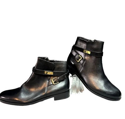 Lauren Ralph Lauren Borgia Boots Black With Gold Buckles Size 8.5 Flats - Image 1 of 4