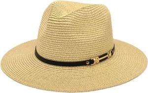 Mens Womens Wide Brim Straw Panama Hat with Belt Buckle for One Size, Beige - Picture 1 of 5