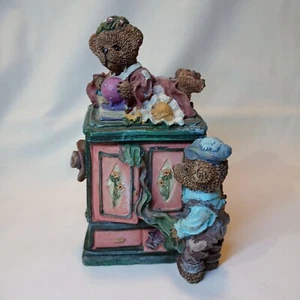 Coin Bank Teddy Bears Blue & Pink Clothes Chest Fold Back Top 7X4X4" EUC  - Picture 1 of 10