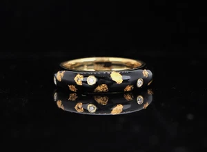 Hidalgo 18K Yellow Gold Bezel Round Diamond Black Enamel Ring Band Size 6.5 - Picture 1 of 5