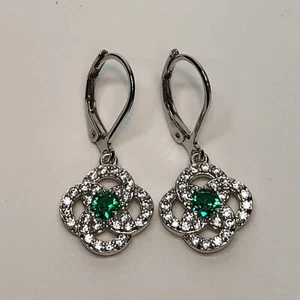 Zahra Cara .25 Ct. CZ Emerald Clover Drop Earrings, Silver-tone, Celtic Knot - Picture 1 of 4