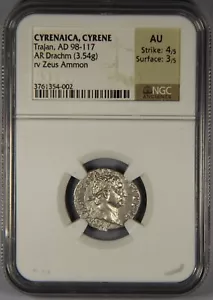 Cyrenaica, Cyrene AR Didrachm Trajan AD 98-117 Wohnmobil Zeus Ammon NGC AU Strk 4 von 3 - Bild 1 von 3