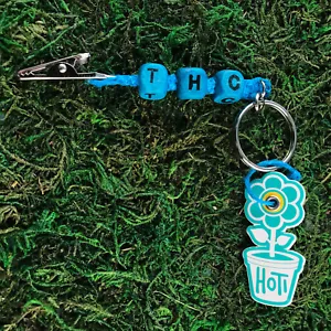 HOTI Hemp Handmade THC Turquoise Wood Bead Roach Clip Keychain ATM Card Grabber - Picture 1 of 3