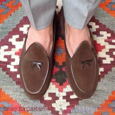 Belgian Mens Bowtie Loafers Shoes Suede Slippers Flats with Slip on Dress Shoes - Photo 1/4