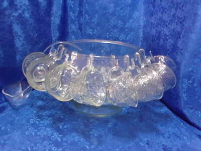 Vintage pressed glass punch bowl  ,with 8 cups ,8 hangers and a scoop .Sears . - Image 1 of 4