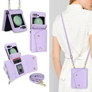 For Samsung Galaxy Flip5 Flip4 3 Wallet Card Holder Crossbody Lanyard Case Cover - Picture 1 of 26
