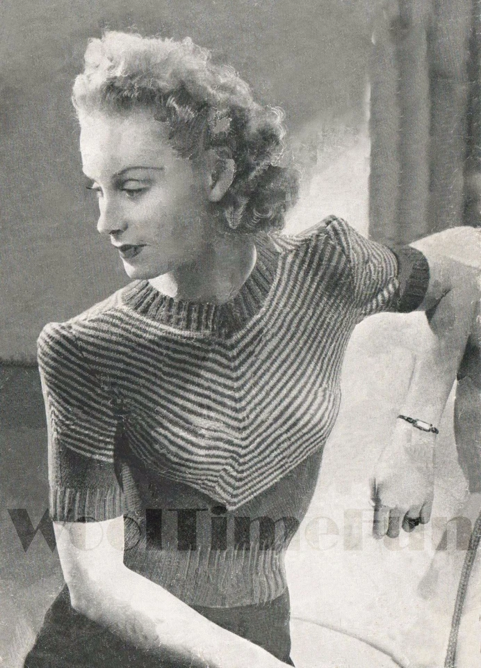 Knitting Patttern Vintage 1940s Lady's Striped/Chevron Short Sleeved Jumper - Image 1 of 1