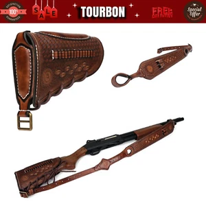 TOURBON Leather Rifle Sling Strap/Gun Slip on Recoil Pad .22lr Bullet Carrying - Picture 1 of 24