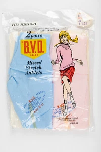 Vintage BVD 2 Pair Misses' Anklet Ankle Socks Blue & Pink Size 9-11 - Picture 1 of 4