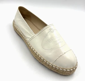 NEW PRADA Leather Espadrilles Flats 35 5 US White Logo Stitching Shoes Logo - Picture 1 of 15