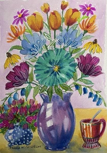 Pamela Wilhelm original 5.75x8” Ink & Watercolor Whimsical Flowers Vase Bouquet - Picture 1 of 2