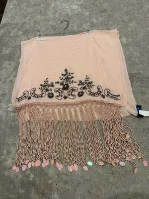 Lenço Sue Wong seda vestido xale rosa bronze transparente miçangas lantejoulas grande 23 - Imagem 1 de 4