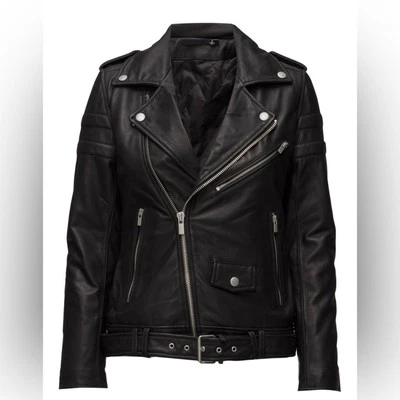 Chaqueta de motociclista de cuero negra calce ceñido BLK DNM para mujer talla S Foto 1 de 4