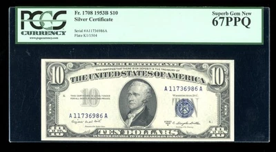 DBR 1953-B $10 Silver Superb Gem Fr. 1708 PCGS 67 PPQ Serial A11736986A - Image 1 of 2