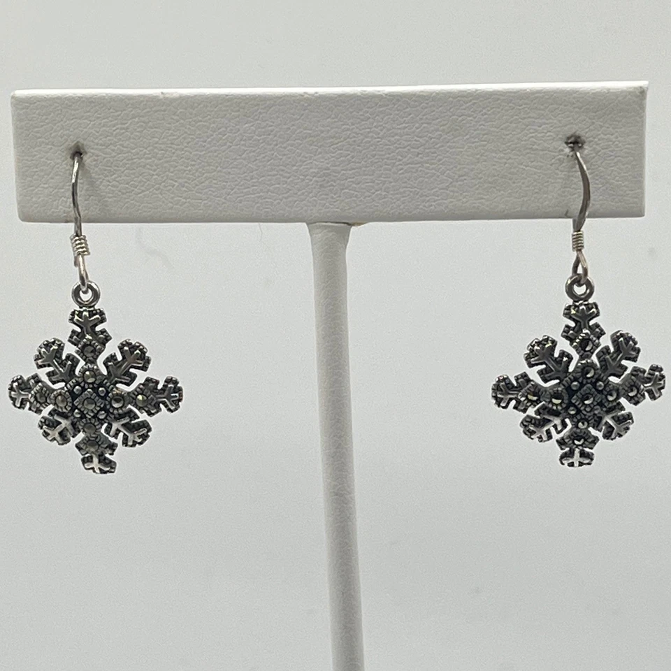 Pendientes colgantes de plata copo de nieve marcasita invierno vacaciones joyería regalo Foto 1 de 4