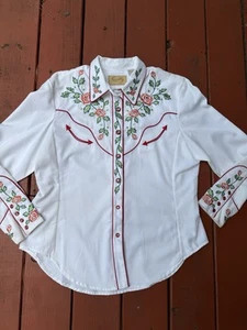 Damen Scully bestickt Rosen Blumen Perlen Druckknopf Western Shirt Größe XL - Bild 1 von 10