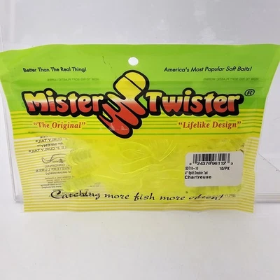 Pesca de lubina Mister Twister 4" Chartreuse doble cola dividida 10 unidades SDT10-10 Foto 1 de 3