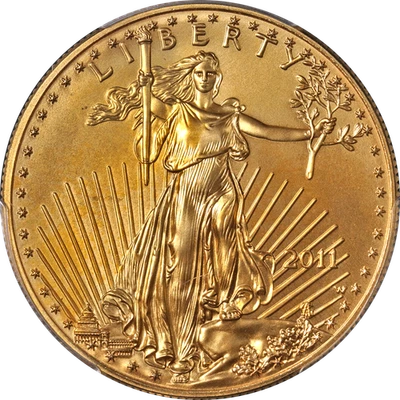 2011-W Gold American Eagle $50 PCGS MS69 polido 25º aniversário etiqueta azul - ST... - Imagem 1 de 4