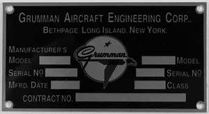 Repro Grumman Aircraft Data Plate, 1943-1978, Vintage WWII Aviation DPL-0115 - Picture 1 of 8
