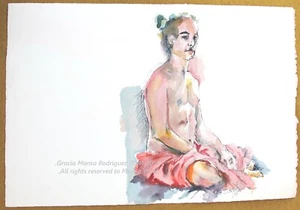 Man model sit & Man in an art class drawing & nude female model 2003 Aquarel Art - Picture 1 of 3