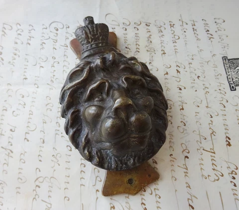 Antique doorknocker, brass lion head & crown door knocker, integral strike plate Cover