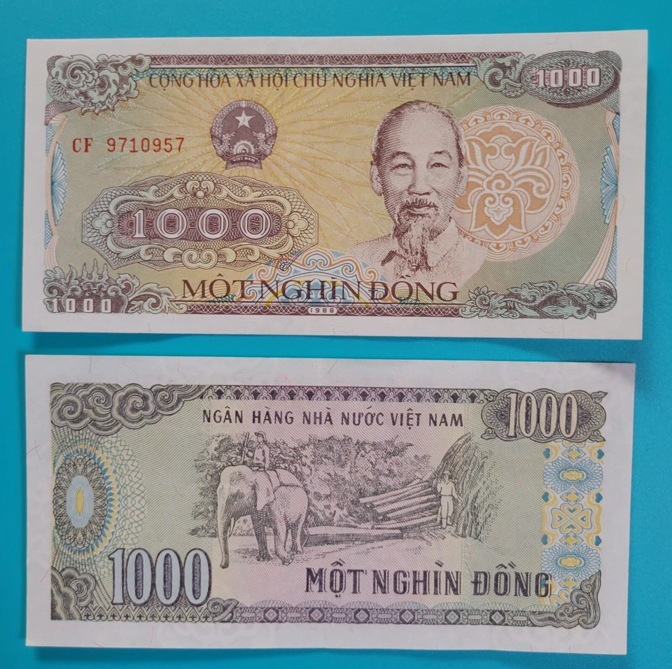 Vietnam Banknote, 1,000 dong, 1988, lightly circ, Ho Chi Minh, elephant logging - Image 1 of 1