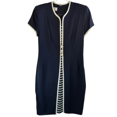 Vtg 90s Office Siren Old Money Sheath Dress Career Wear Button Front Navy 10P - Image 1 of 4