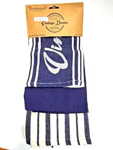 Juego de 3 toallas de cocina 100 % algodón vintage denim azul marino blanco rayas nuevas con etiquetas - Imagen 1 de 4