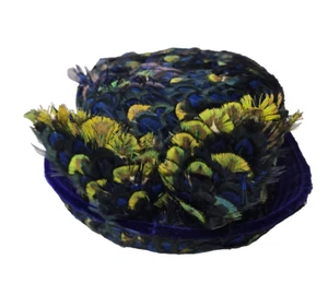 Jack McConnell Vintage 50s Blue Velvet Velour Peacock Feather Lace Derby Hat - Picture 1 of 9