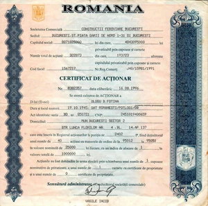 Romania, 1996, CONSTRUCTII FEROVIARE BUCURESTI - Shareholder Certificate / Bond - Picture 1 of 2