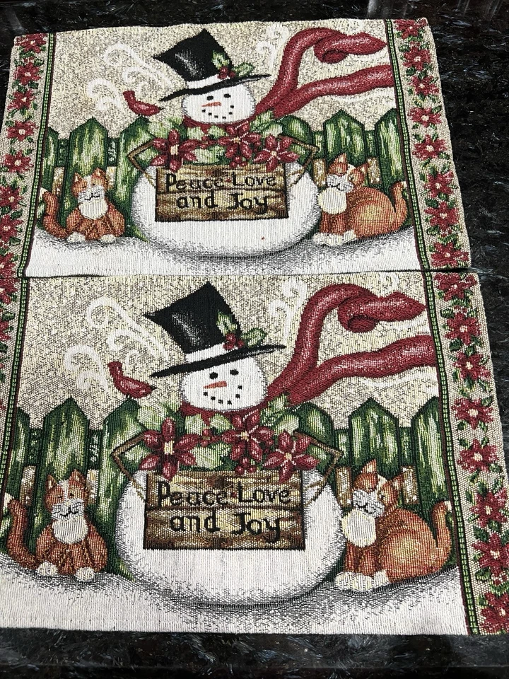 2 件套圣诞挂毯 Placemats 雪人猫“Peace Love and Joy”15x11.5 — 第 1/4 张图片