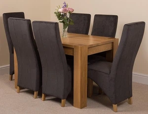 6 Seater Oak Dining Table & Chairs Set Dark Grey Fabric 125x80cm Modern - Picture 1 of 12