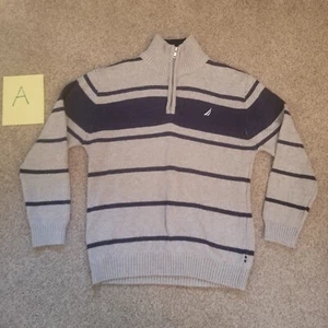 Nautica Boys Striped 1/4 Zip Sweater Size Large 14/16 Grey And Navy - Picture 1 of 6