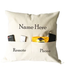 Personalised Pocket Cushion Canvas Natural Cotton Gift 18 x 18 Child TV Remote - Picture 1 of 3