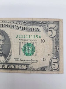 1969 $5 Five Dollar Bill Note Fancy Serial Number J11111115A - Picture 1 of 3