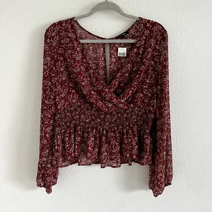 Boutique Red Boho Chiffon Long Sleeve Blouse New With Tag - Women Size L - Picture 1 of 7