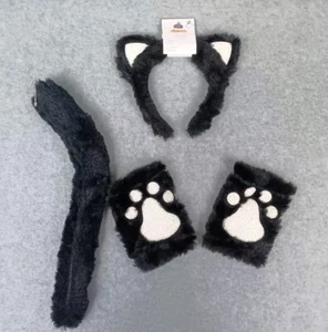 NEW BLACK CAT HEADBAND w GLITTER TAIL GLOVES FAUX FUR COSTUME DRESS UP HALLOWEEN - Picture 1 of 6