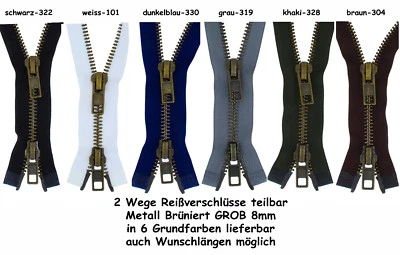 2 Wege Reißverschluss 2MBG Metall Brüniert 8mm GROBE STARKE Metallreißverschlüße - Bild 1 von 2