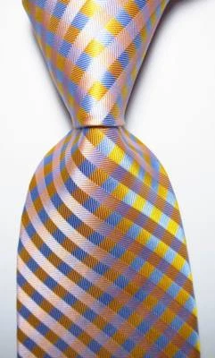 New Classic Checks Yellow Blue Pink JACQUARD WOVEN 100% Silk Men's Tie Necktie - Image 1 of 2