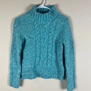 Express Women Cable Knit Sweater Sz L Wool Cashmere Blend Turtle Neck Blue Teal - Picture 1 of 9